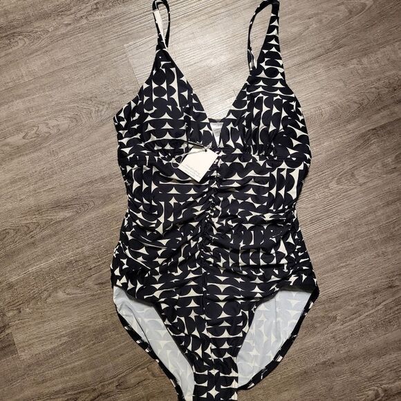 Calvin Klein Printed Plunge Swimsuit-BLACK WHITE-6 - Picture 2 of 6